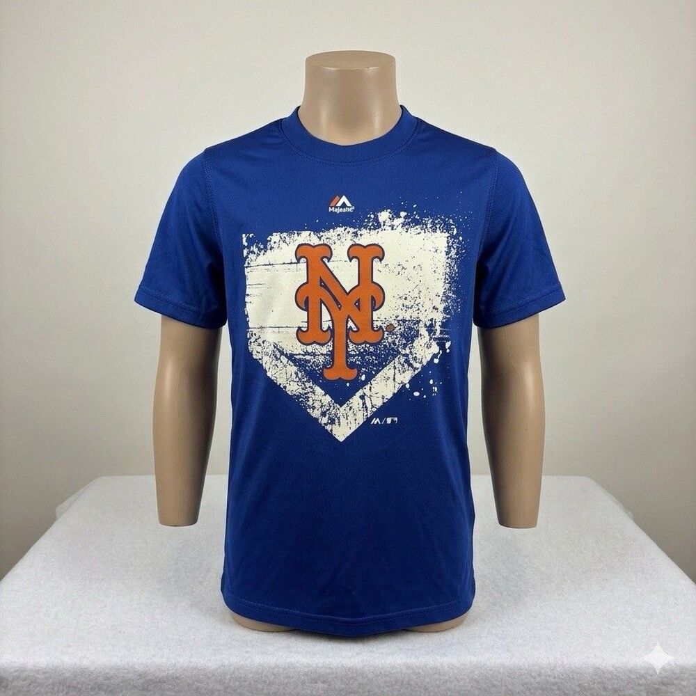 Majestic NY Mets Youth Small S-CH-8 Blue Performance Tech Tee Distress Logo MLB